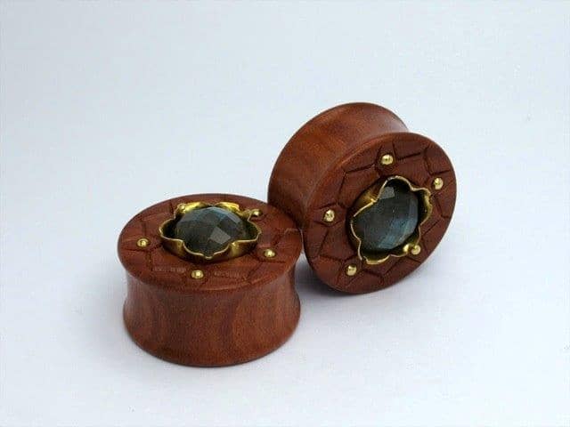 Bloodwood Plugs with Gem Cut Labradorite Inlay