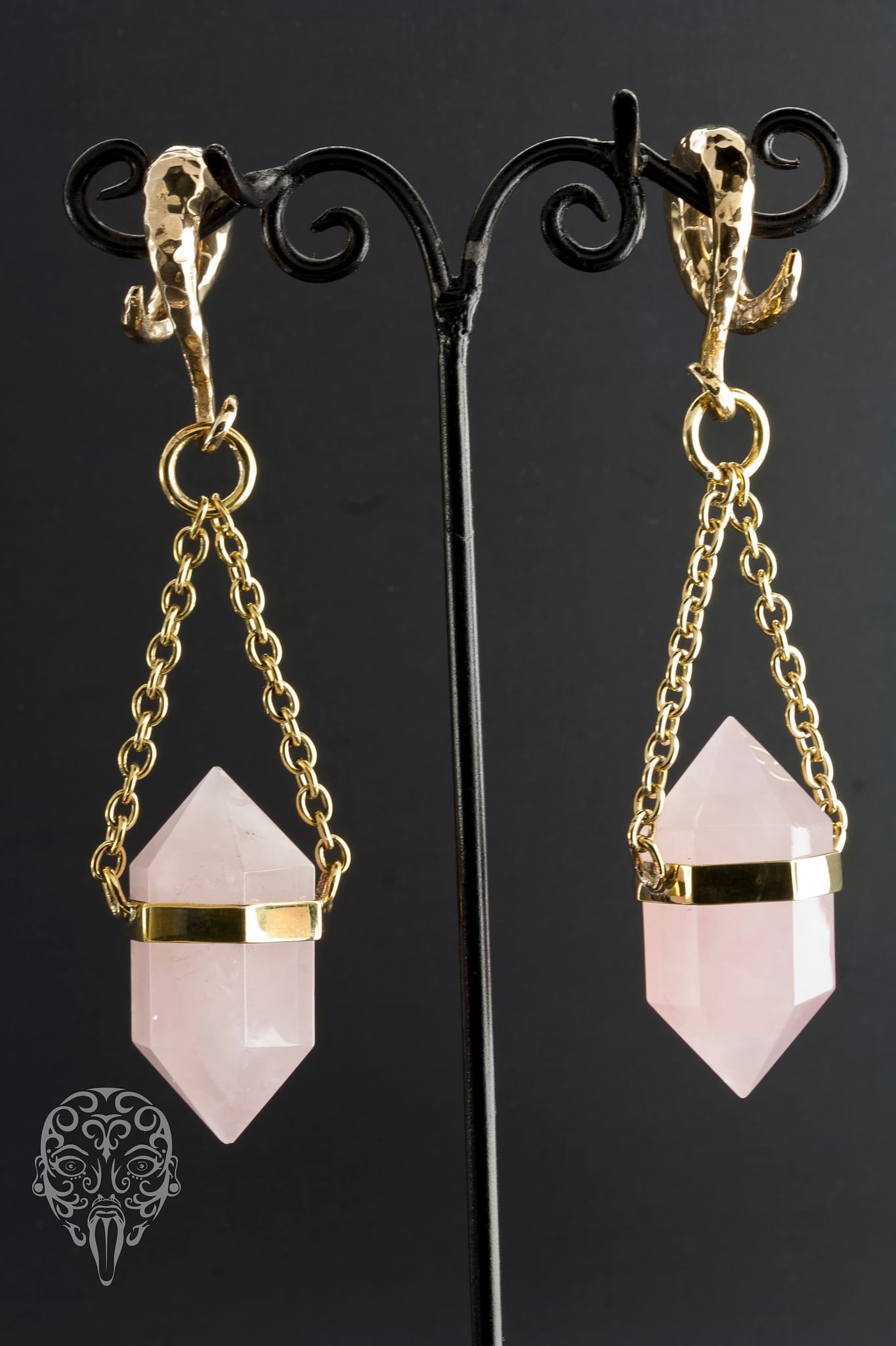 Solid Brass Tourmalated Rose Quartz Dangles