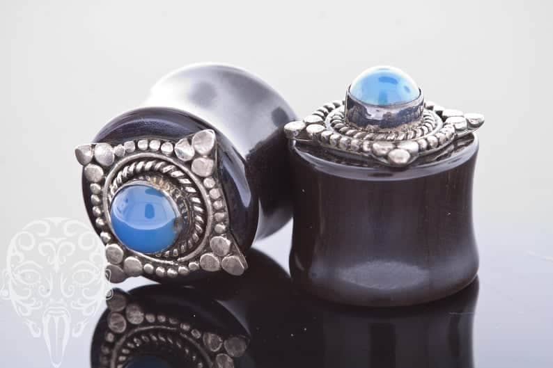 Black Horn Plugs with Silver and Blue Agate Stone