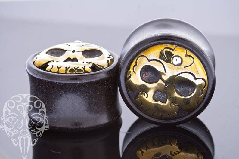 Brass Skull Ebony Wood Plugs